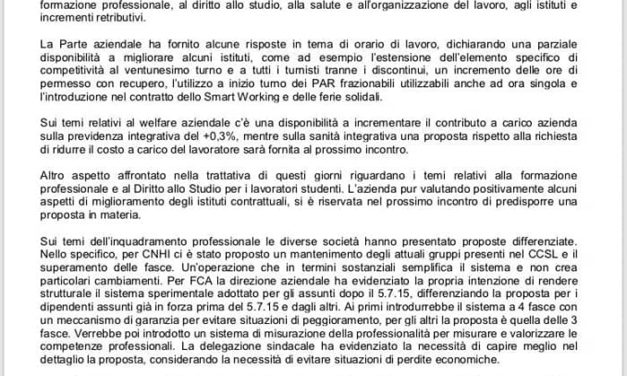 FCA-CNHI : CONTINUA LA TRATTATIVA SUL RINNOVO DEL CCSL