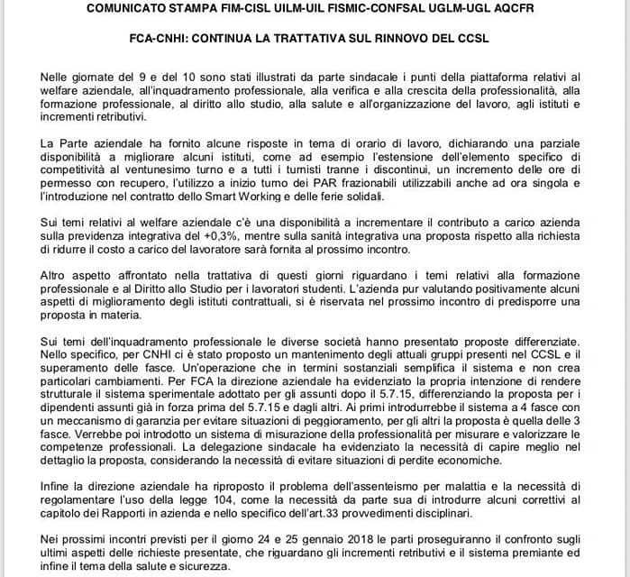 FCA-CNHI : CONTINUA LA TRATTATIVA SUL RINNOVO DEL CCSL