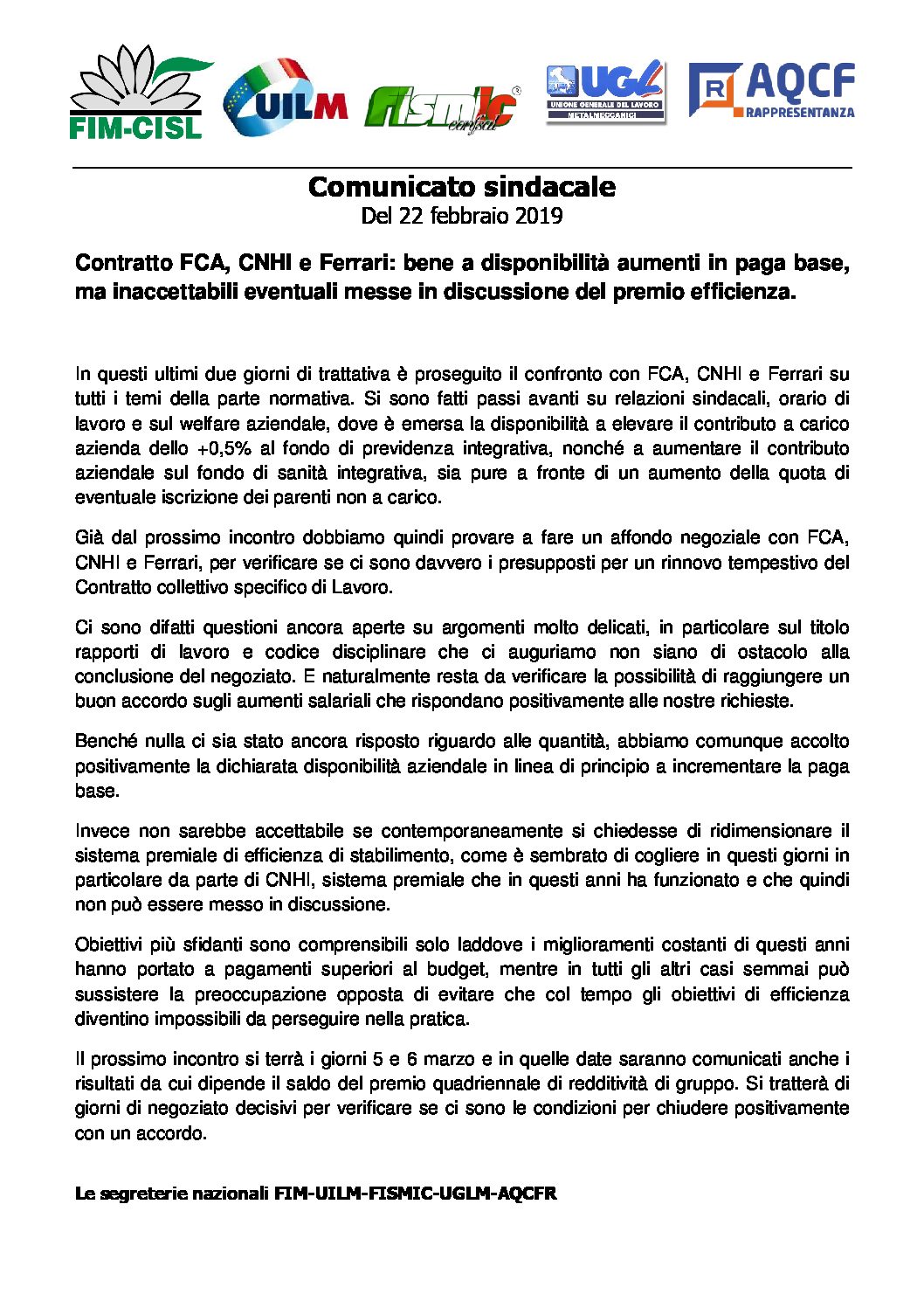 CONTRATTO FCA, CNHI E FERRARI: BENE A DISPONIBILITA AUMENTI IN PAGA BASE,MA INACCETTABILI EVENTUALI MESSE IN DISCUSSIONE DEL PREMIO EFFICIENZA