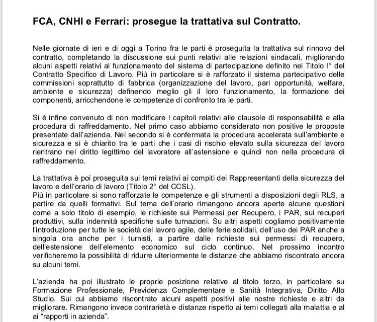 FCA, CNHI E FERRARI: PROSEGUE LA TRATTATIVA SUL CONTRATTO
