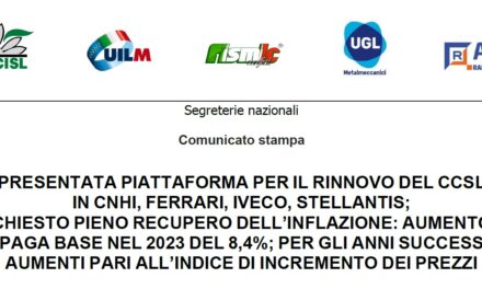 PRESENTATA PIATTAFORMA PER IL RINNOVO DEL CCSL IN CNHI, FERRARI, IVECO, STELLANTIS