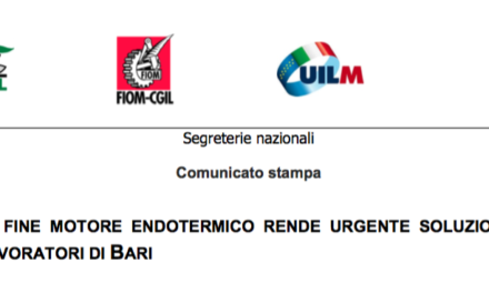 BOSCH: FINE MOTORE ENDOTERMICO RENDE URGENTE SOLUZIONE PER I 1650 LAVORATORI DI BARI