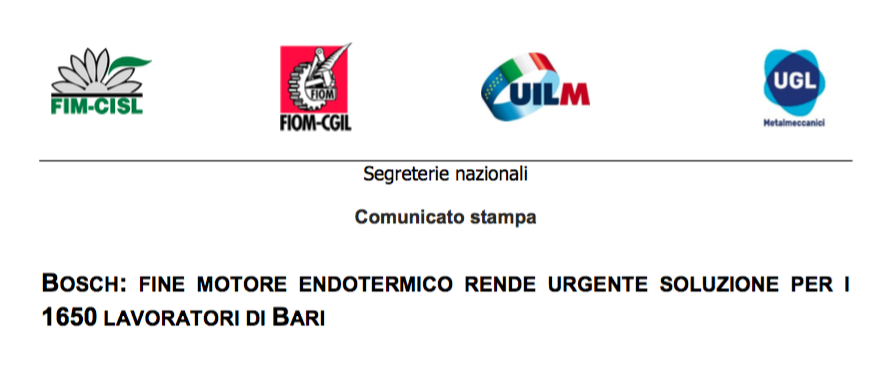 BOSCH: FINE MOTORE ENDOTERMICO RENDE URGENTE SOLUZIONE PER I 1650 LAVORATORI DI BARI