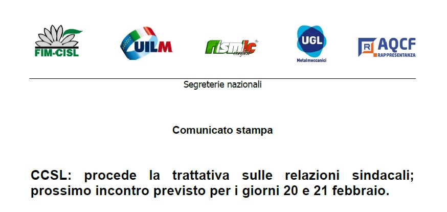 CCSL: procede la trattativa sulle relazioni sindacali; prossimo incontro previsto per i giorni 20 e 21 febbraio.