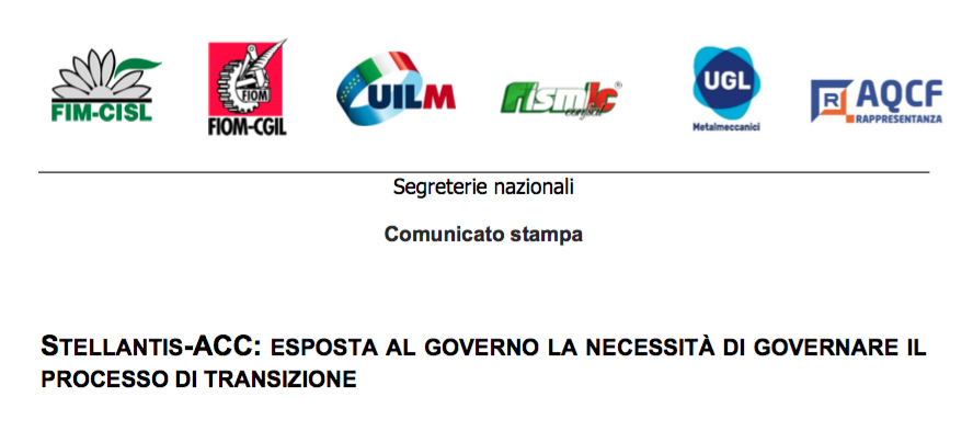 STELLANTIS-ACC: ESPOSTA AL GOVERNO LA NECESSITÀ DI GOVERNARE IL PROCESSO DI TRANSIZIONE