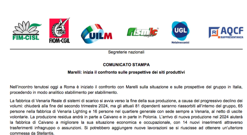 MARELLI: INIZIA IL CONFRONTO SULLE PROSPETTIVE DEI SITI PRODUTTIVI