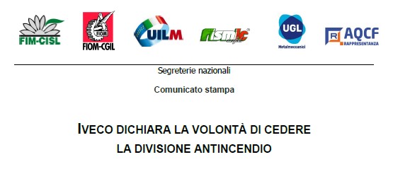 IVECO DICHIARA LA VOLONTÀ DI CEDERE LA DIVISIONE ANTINCENDIO