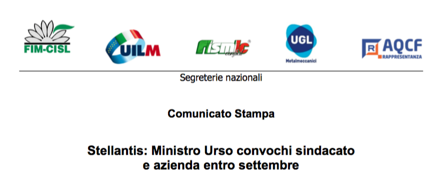 STELLANTIS: MINISTRO URSO CONVOCHI SINDACATO E AZIENDA ENTRO SETTEMBRE