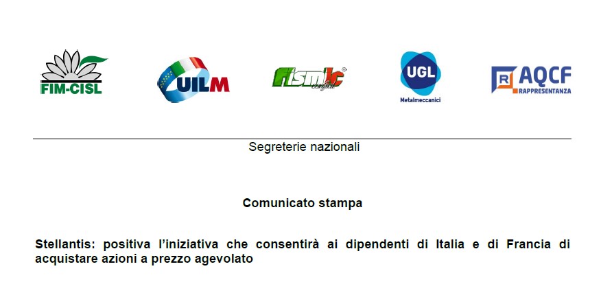 STELLANTIS: POSITIVA L’INIZIATIVA CHE CONSENTIRÀ AI DIPENDENTI DI ITALIA E DI FRANCIA DI ACQUISTARE AZIONI A PREZZO AGEVOLATO