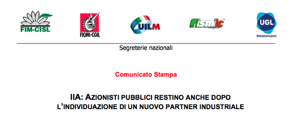 AZIONISTI PUBBLICI RESTINO ANCHE DOPO L’INDIVIDUAZIONE DI UN NUOVO PARTNER INDUSTRIALE