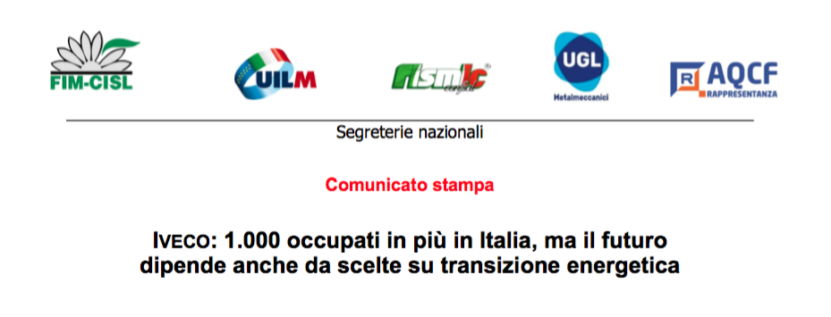 IVECO: 1.000 occupati in più in Italia, ma il futuro dipende anche da scelte su transizione energetica