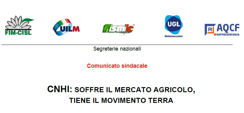 CNHI: SOFFRE IL MERCATO AGRICOLO, TIENE IL MOVIMENTO TERRA