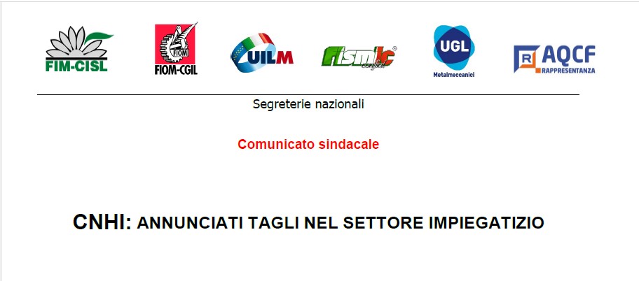 CNHI: ANNUNCIATI TAGLI NEL SETTORE IMPIEGATIZIO