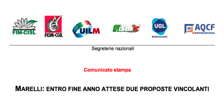 MARELLI: ENTRO FINE ANNO ATTESE DUE PROPOSTE VINCOLANTI