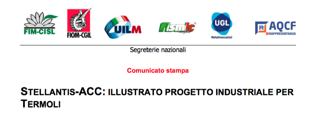 STELLANTIS-ACC: ILLUSTRATO PROGETTO INDUSTRIALE PER TERMOLI