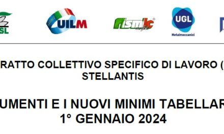 CONTRATTO COLLETTIVO SPECIFICO DI LAVORO ( STELLANTIS GLI AUMENTI E I NUOVI MINIMI TABELLARI DAL 1 GENNAIO 2024