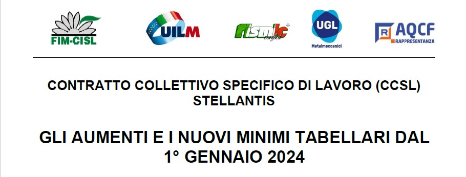 CONTRATTO COLLETTIVO SPECIFICO DI LAVORO ( STELLANTIS GLI AUMENTI E I NUOVI MINIMI TABELLARI DAL 1 GENNAIO 2024