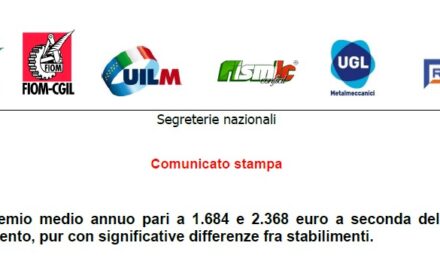 MARELLI: PREMIO DI RISULTATO MEDIO ANNUO PARI A  1.684 e 2.368 EURO A SECONDA DEL LIVELLO DI INQUADRAMENTO, PUR CON SIGNIFICATIVE DIFFERENZE TRA STABILIMENTI