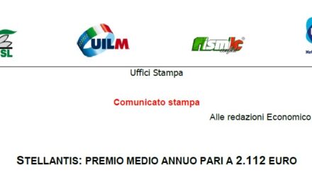 STELLANTIS: PREMIO MEDIO ANNUO PARI A 2.112 EURO