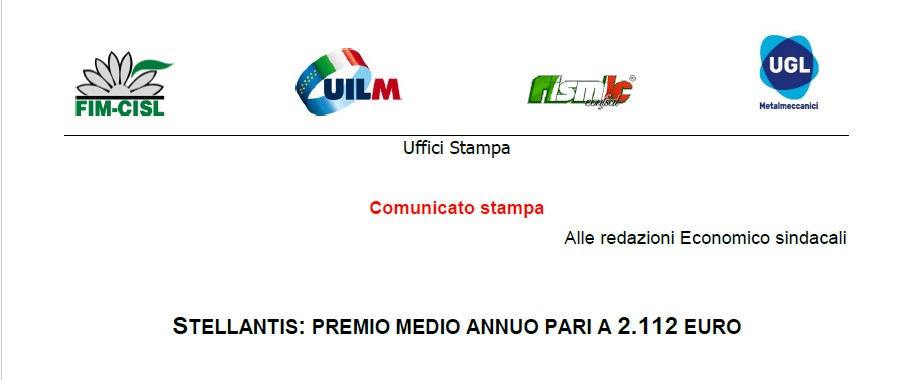 STELLANTIS: PREMIO MEDIO ANNUO PARI A 2.112 EURO