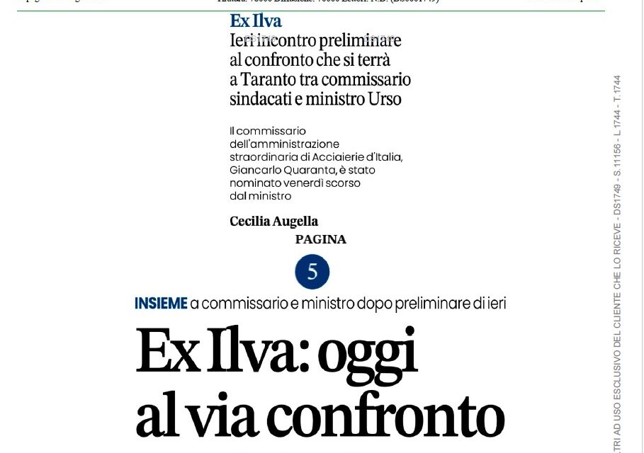 EX-ILVA : OGGI AL VIA AL CONFRONTO CON I SINDACATI