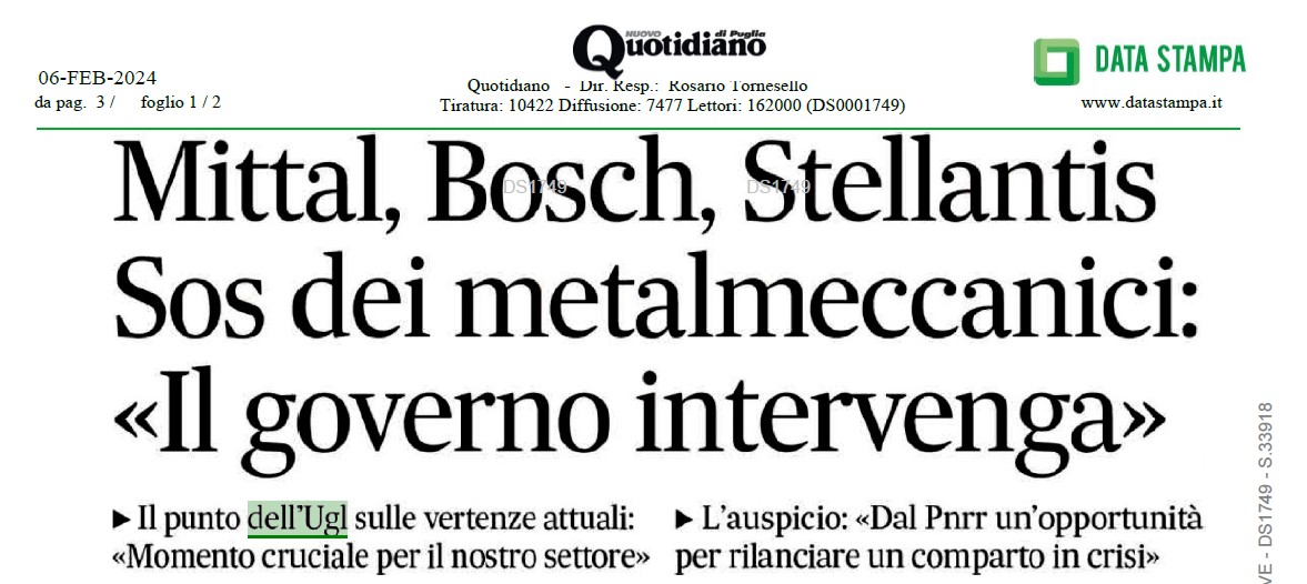 MITTAL, BOSCH, STELLANTIS SOS DEI METALMECCANICI : “IL GOVERNO INTERVENGA”