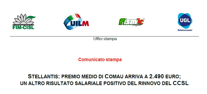 STELLANTIS: PREMIO MEDIO DI COMAU ARRIVA A 2.490 EURO; UN ALTRO RISULTATO SALARIALE POSITIVO DEL RINNOVO DEL CCSL