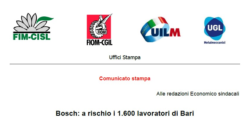 BOSCH: A RISCHIO I 1.600 LAVORATORI DI BARI