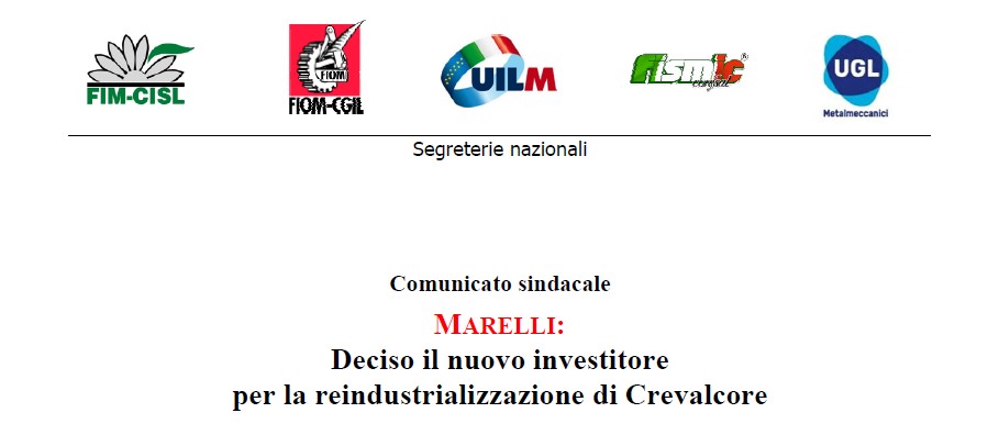 MARELLI: DECISO IL NUOVO INVESTITORE PER LA REINDUSTRIALIZZAZIONE DI CREVALCORE