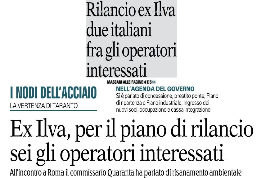 EX ILVA PER IL PIANO DI RILANCIO SEI GLI OPERATORI INTERESSATI.