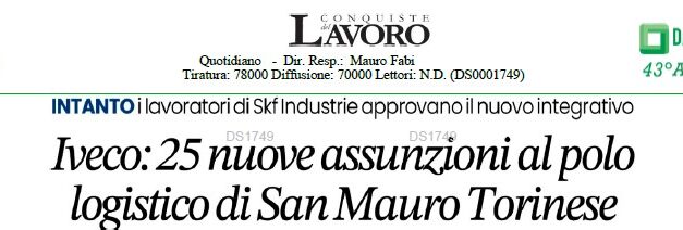IVECO: 25 NUOVE ASSUNZIONI AL POLO LOGISTICO DI SAN MAURO TORINESE