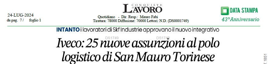 IVECO: 25 NUOVE ASSUNZIONI AL POLO LOGISTICO DI SAN MAURO TORINESE