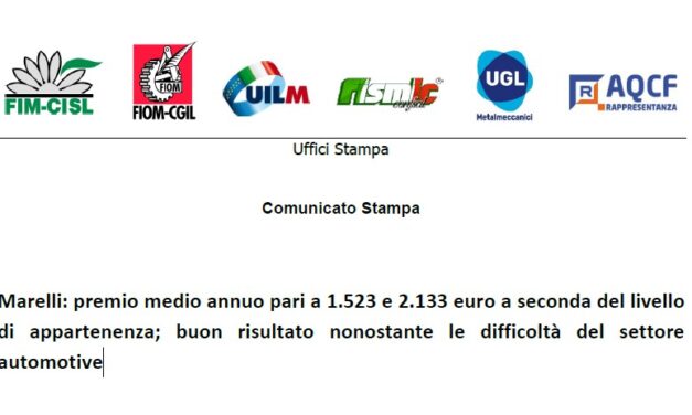 Marelli: premio medio annuo pari a 1.523 e 2.133 euro a seconda del livello di appartenenza; buon risultato nonostante le difficoltà del settore automotive