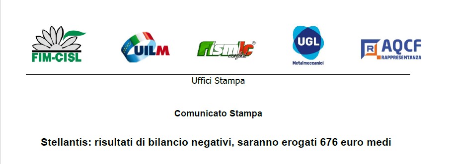 STELLANTIS: RISULTATI DI BILANCIO NEGATIVI, SARANNO EROGATI 676 EURO MEDI