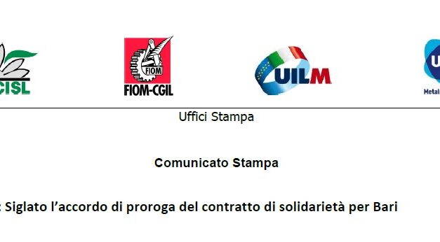 BOSCH: SIGLATO L’ACCORDO DI PROROGA DEL CONTRATTO DI SOLIDARIETÀ PER BARI