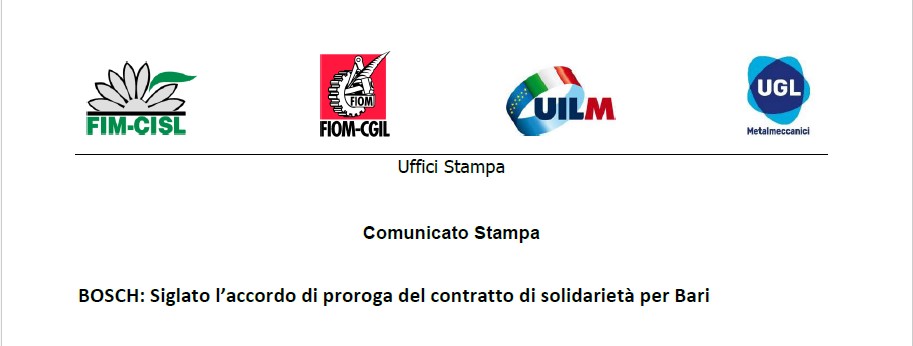 BOSCH: SIGLATO L’ACCORDO DI PROROGA DEL CONTRATTO DI SOLIDARIETÀ PER BARI