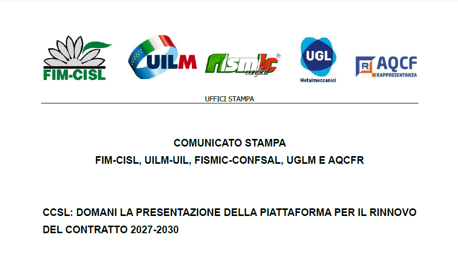 CCSL: DOMANI LA PRESENTAZIONE DELLA PIATTAFORMA PER IL RINNOVO DEL CONTRATTO 2027-2030