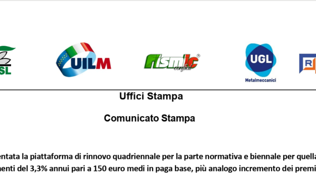 CCSL: PRESENTATA LA PIATTAFORMA DI RINNOVO QUADRIENNALE PER LA PARTE NORMATIVA E BIENNALE PER QUELLA ECONOMICA; CHIESTI AUMENTI DEL 3,3% ANNUI PARI A 150 EURO MEDI IN PAGA BASE, PIÙ ANALOGO INCREMENTO DEI PREMI